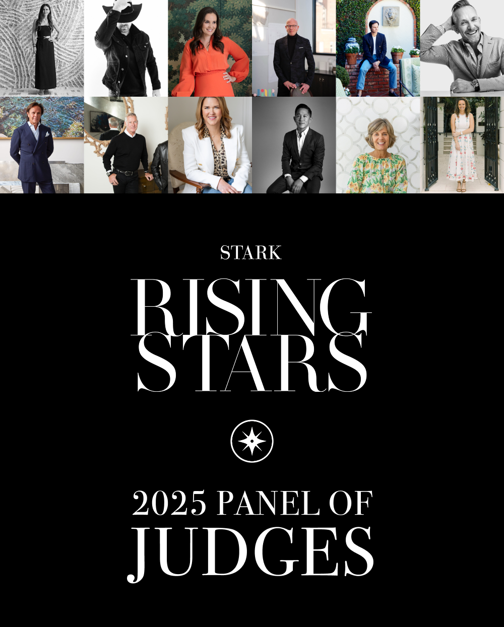 Tile images of 12 judges above white text stating "STARK RISING STARS 2025 Panel of Judges"