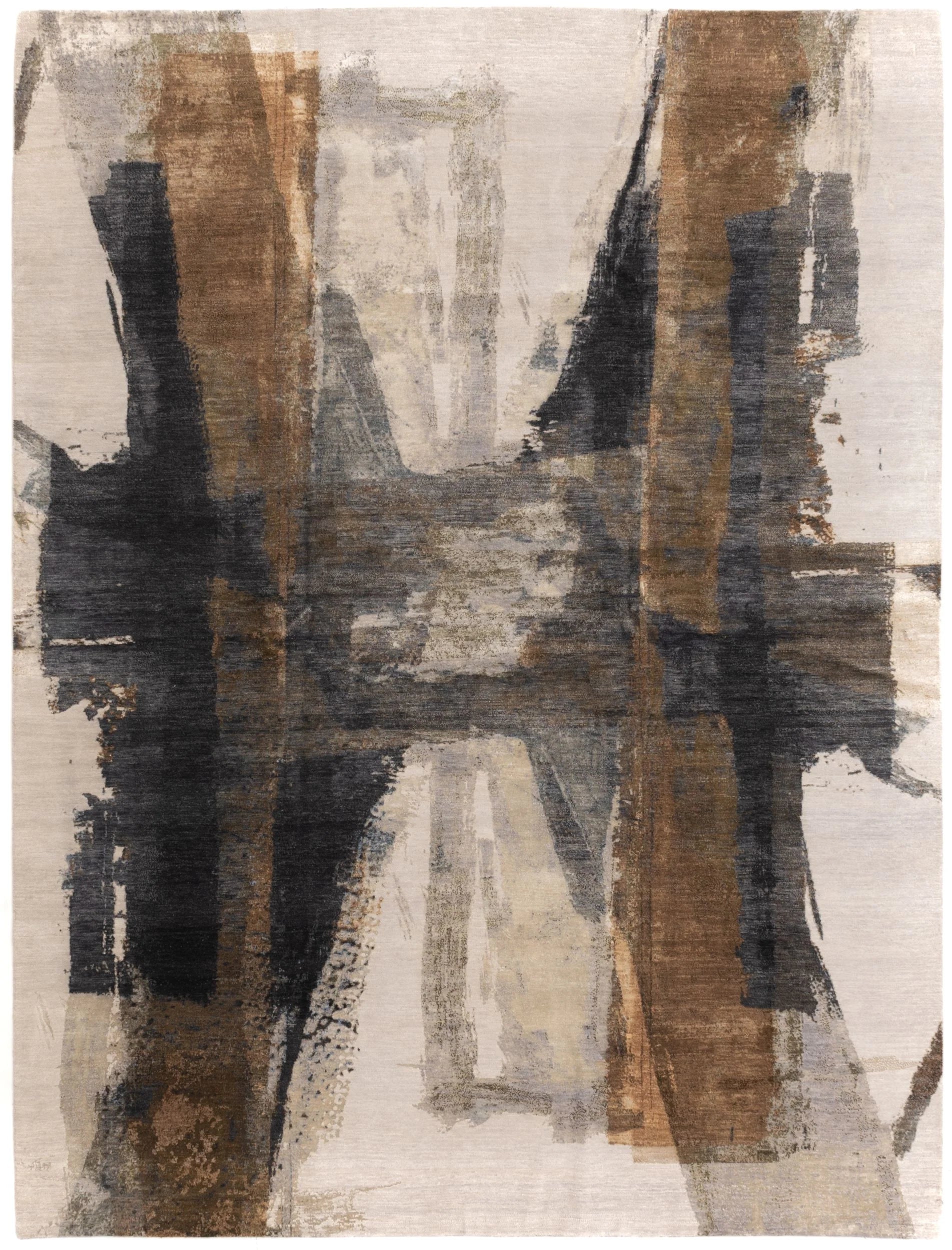 Abstract brown, black and tan rug.