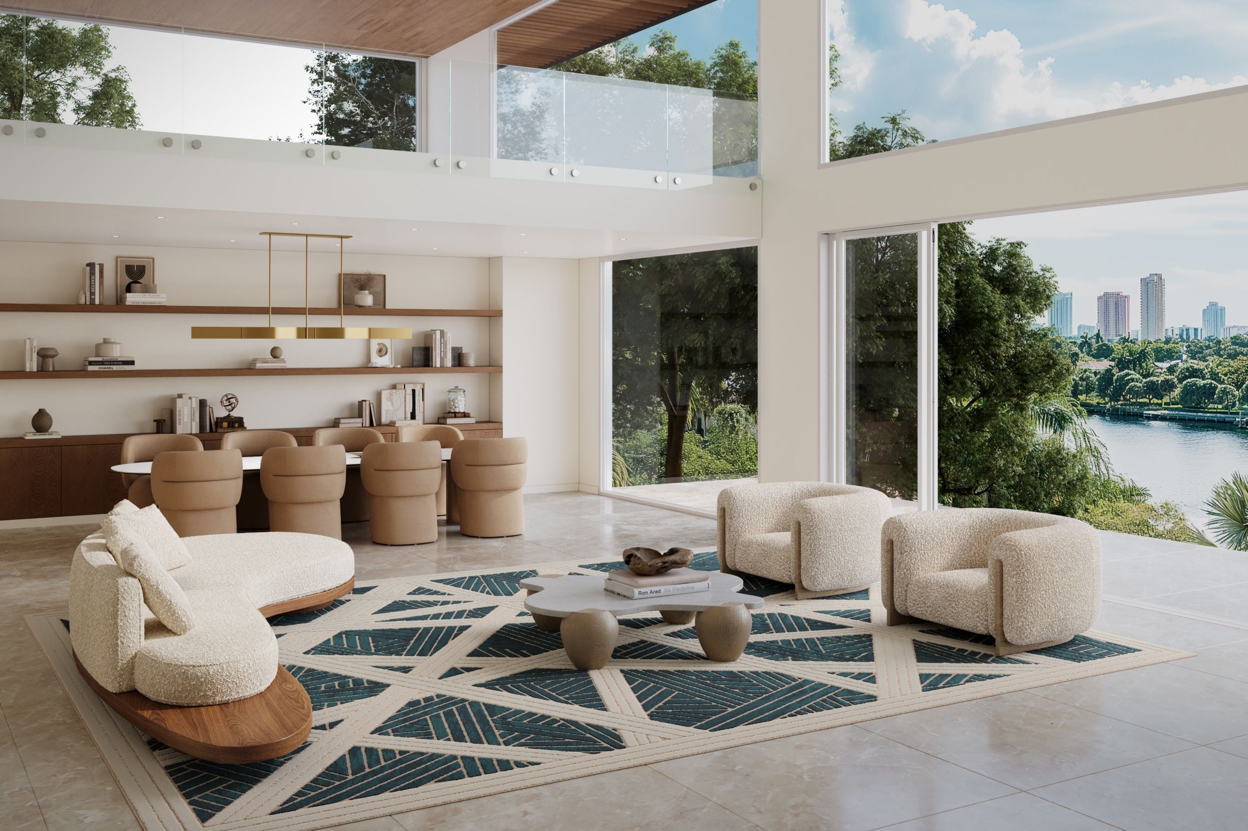 Modern living room with white furniture, large windows, and a view of trees and water.