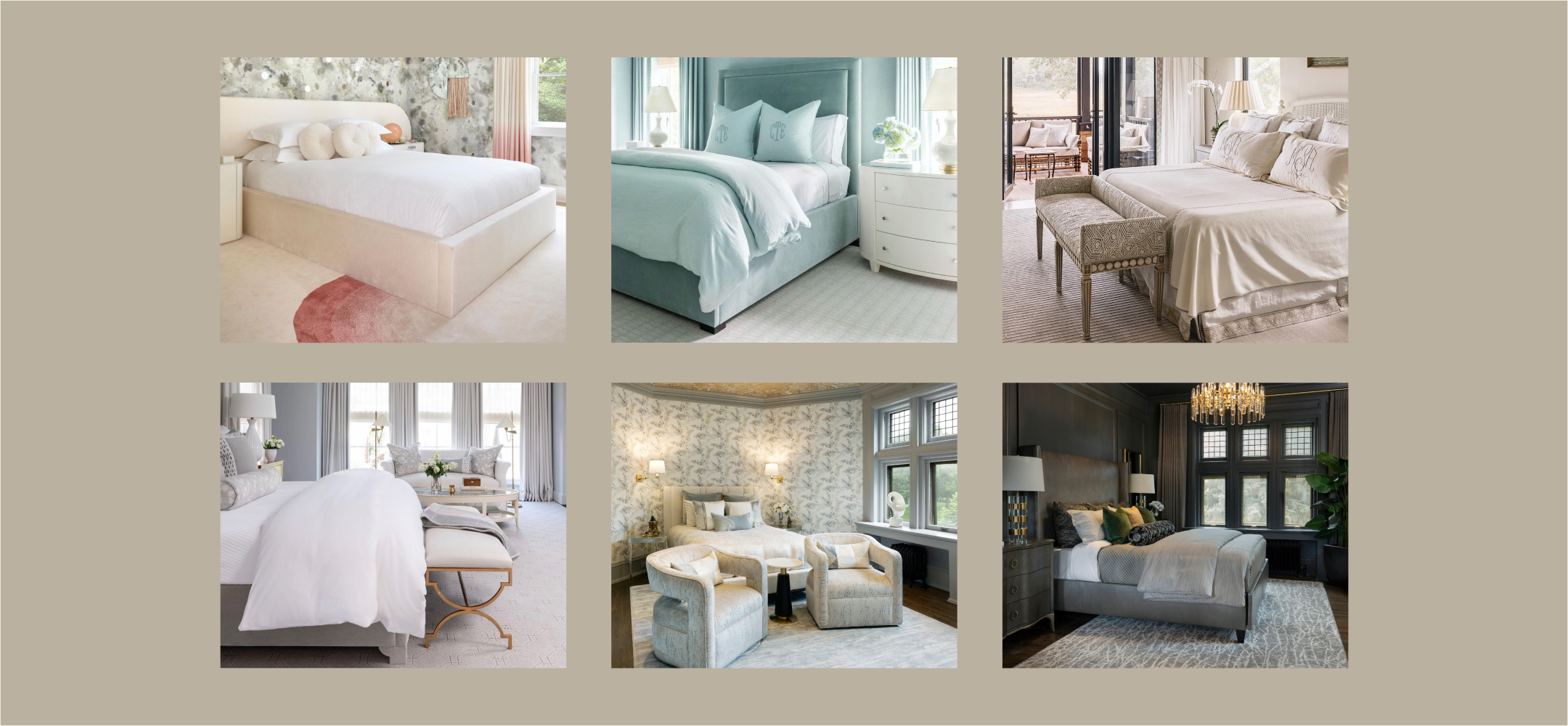 Six different bedroom scenes in select color palettes.
