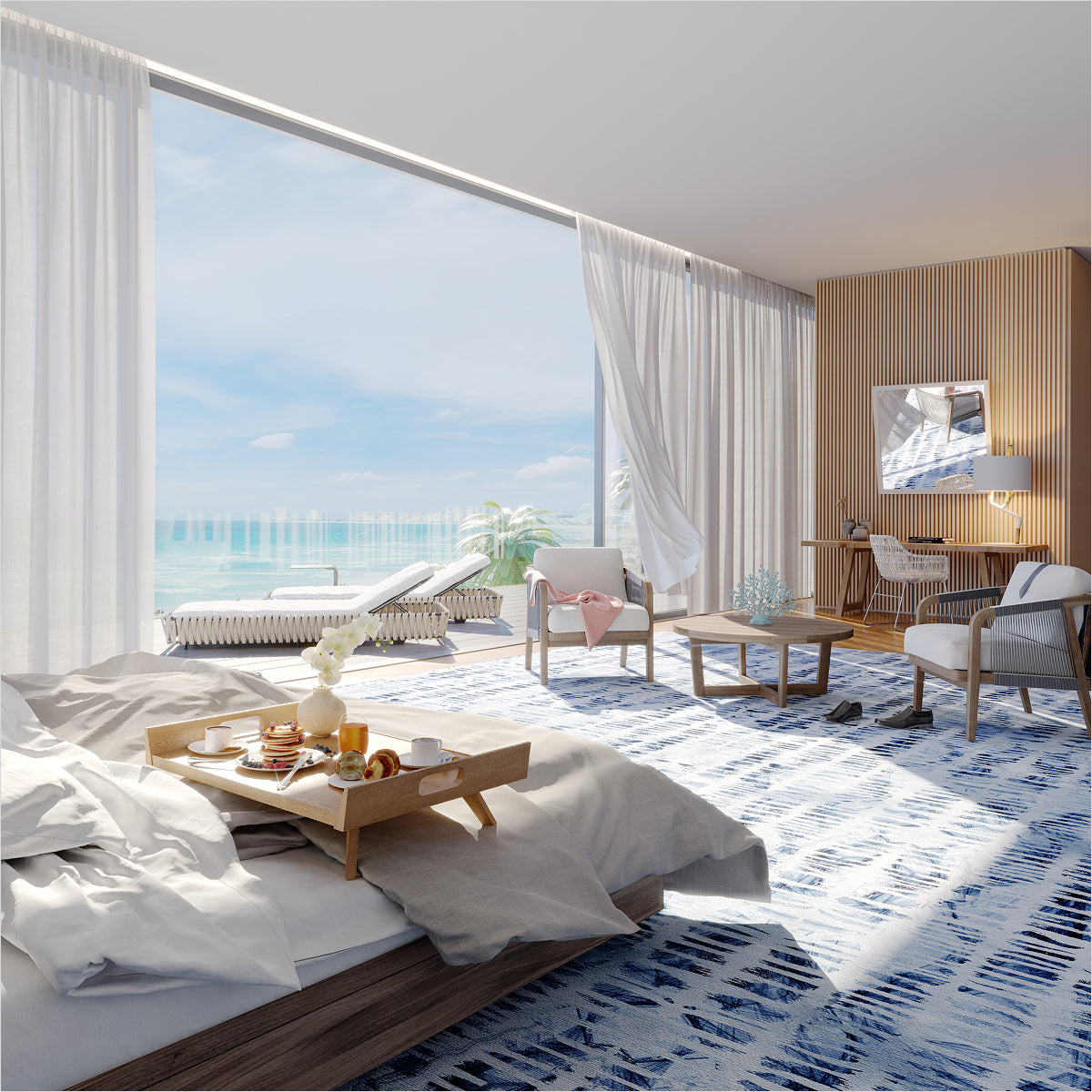 Modern bedroom with large windows, bed, and desk area.